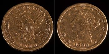 An American gold five dollar (Half Eagle) coin: Liberty head, 1898.