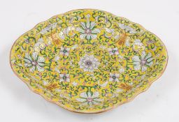 A Chinese famille rose dish: of shaped lozenge form, painted with bats, shou characters,