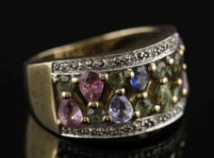 A 9ct gold, diamond and multi-coloured sapphire cluster ring:, ring size N,
