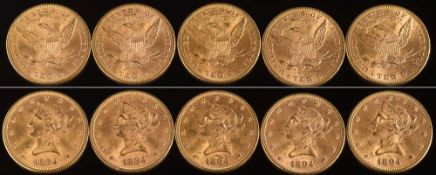 Five American gold ten dollar (Eagle) coins: Liberty Head, all dated 1894.