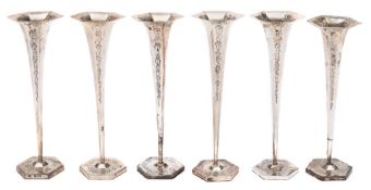 A set of three Edward VII silver specimen vases;, maker's mark worn, London,