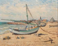Continental School [20th Century]- A shore scene with a beached boat in a bay:- indistinctly signed