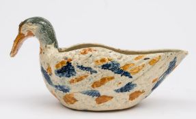 A 'Pratt' creamware sauceboat: in the form of a duck with moulded plumage, painted in ocre,