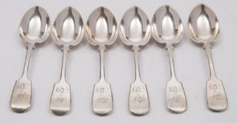 Six Victorian provincial silver Fiddle pattern teaspoons, maker Thomas Hart Stone,