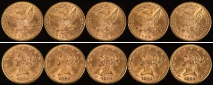 Five American gold ten dollar (Eagle) coins: Liberty Head, all dated 1894.