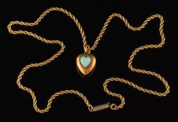 A 15ct gold and opal single-stone heart shaped pendant: on rope twist chain,
