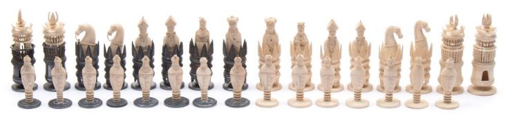 A late 19th century carved bone part chess set: possibly Indian, both sides left natural,