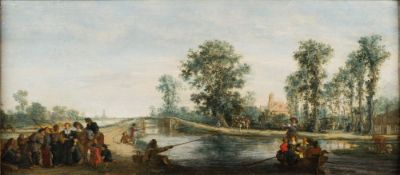 Dutch School attributed to De Koninck [17th Century]- An extensive river landscape with a group of