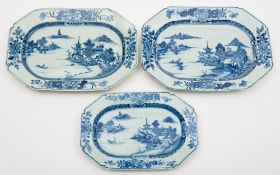 A group of three Chinese blue and white octagonal dishes: each with matching decoration of an