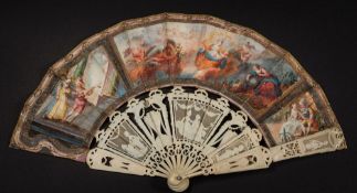 A late 18th/early 19th century Continental carved ivory fan: the paper leaf decorated with a