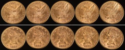 Five American gold ten dollar (Eagle) coins: Liberty Head, all dated 1894.