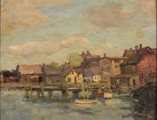 * Berthe des Clayes [1877-1968]- Town and estuary:- oil on panel 26 x 33cm together with A barge on