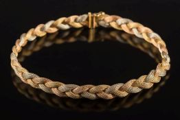 An 18ct gold three colour, woven necklace:, 35.5cm total length, 41gms gross weight.