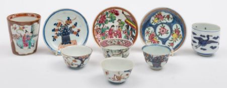 A Chinese Batavia famille rose beaker and a group of Chinese and Japanese teabowls and saucers: the