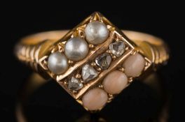 A 15ct gold, seed pearl and coral ten-stone, square-set cluster ring:, ring size L 1/2.