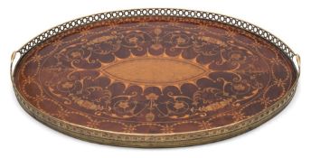 A large Sheraton-style oval marquetry mahogany two-handled tray: with pierced brass gallery,