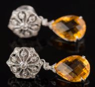 A pair of diamond and faceted citrine convertible drop earrings: each with a diamond-set,