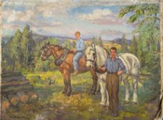 * Alice des Clayes [1890-1968]- Timber Team; horses and figures:- signed oil on canvas 58 x 75cm.