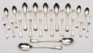 A William IV Scottish silver single struck Kings pattern matched flatware service, maker Elder & Co,
