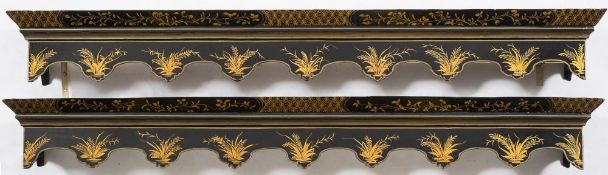A pair of black lacquer and gilt chinoiserie curtain pelmets: decorated with grasses,