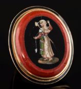 A 19th century black enamelled gold and micro mosaic oval panel ring:,
