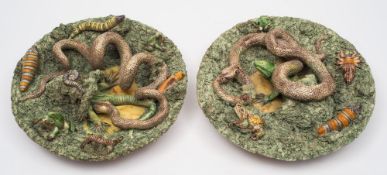 A pair of Portugese majolica trompe l'oeil dishes: in the Palissy-style,