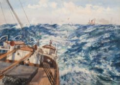 * Arthur James Wetherill Burgess [1875-1957]- Cargo deck in heavy sea:- signed watercolour 38 x