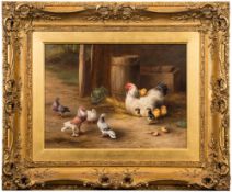 Edgar Hunt [1876-1953]- Mother hen, chicks and doves in the entrance to a barn:- signed and dated E.