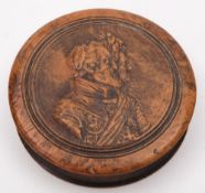 A pressed fruitwood circular box: possibly by John O Brisset, unsigned,