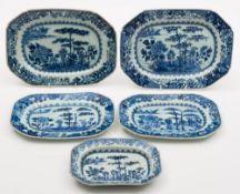 A group of five Chinese blue and white octagonal dishes: each with matching decoration of a lake