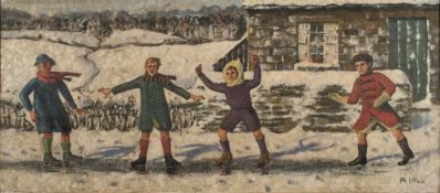English School [20th Century]- Children joyous of a snow fall,