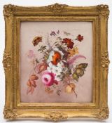 A mid 19th Century English porcelain botanical plaque: painted with a large bouquet of flowers and