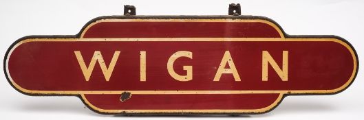 A L&NWR enamel totem for 'Wigan':, in brown and cream with folded edge,