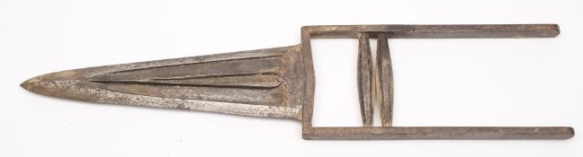 A 19th century Indian katar:, of typical form with double hexagonal bar grip, 38.5cm long.