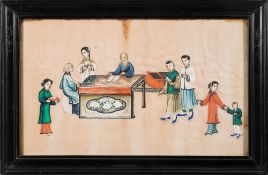A set of four mid-19th century Chinese paintings on pith paper:, depicting interior scenes,