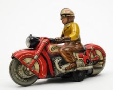 A post war Schuco 'Charley 1005' clockwork tinplate motorcycle and rider:,