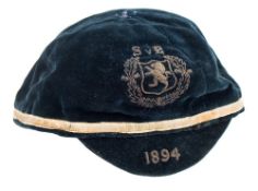 A Scottish League blue velvet International cap for Scotland Vs England 1894 presented to Jimmy