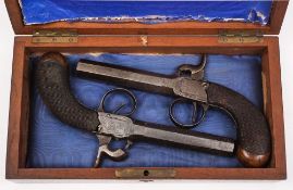 A pair of 19th century boxlock percussion cap pistols:, unsigned,