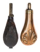 A copper and brass shot flask together with a leather shot flask:, both unsigned (2).