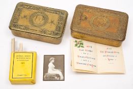Two Princess Mary Christmas Fund 1914 tobacco tins, one retaining cigarettes and card:.