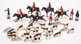 A collection of Britains Fox hunting figures:, comprising five riders on horseback,