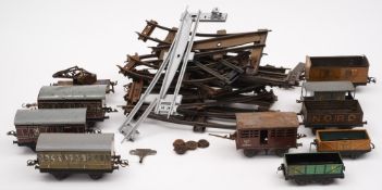 Ten pieces of various Hornby O gauge rolling stock together with a quantity of track:,