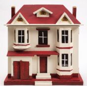 A painted plywood doll's house: the double hinged front enclosing four rooms, 56cm. wide, 48cm.