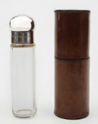 A late Victorian Asprey and Co silver mounted ting flask in leather case:,