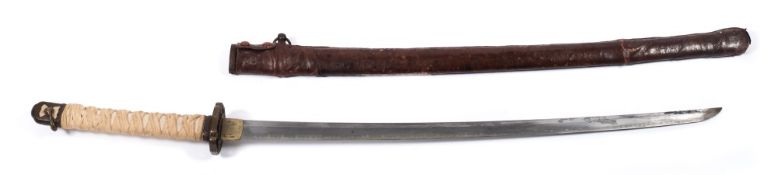 A WWII period Japanese Katana:, unsigned, the blade with single hamon and brass habaki,
