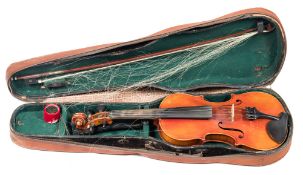 A Czechoslovakian student violin:, with ebony fingerboard over body with two piece back, 35.