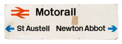 A British Rail laminated sign for 'Motorail - St Austell Newton Abbot':, 50cm x 160cm.