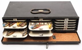 A black lacquer fly tin by J Forrest, London:,