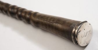 An early 19th century white metal mounted Ibis horn cane with snuff box handle:,