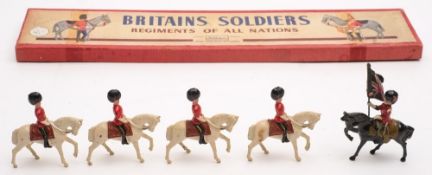A set of six Guardsmen on horseback by J Hill & Co, England:, including standard bearer,